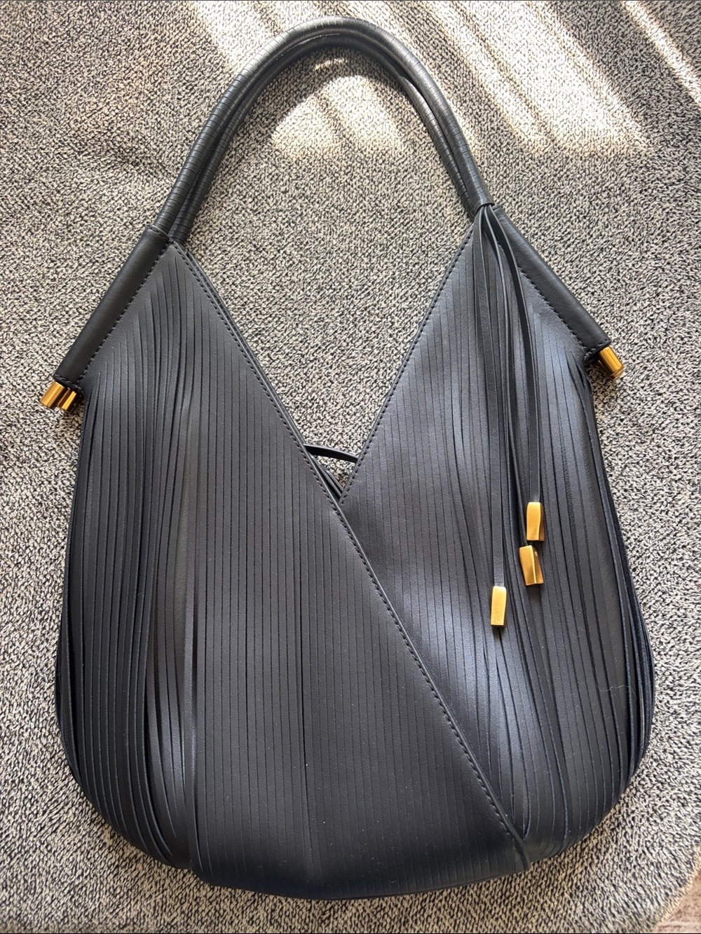 Donna Karan Black Pleated Hobo Bag with Gold-Tone Accents